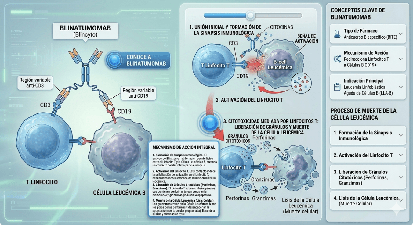 Diagrama educativo del mecanismo de acción del blinatumumab: conexión de los linfocitos T con las células leucémicas B